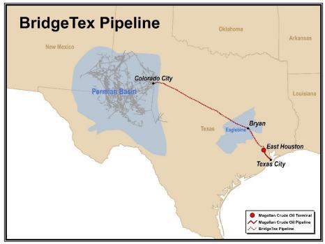 BridgeTex (MMP / PAA) BridgeTex is capable of transporting 400 kb/d from Colorado City, TX to Houston, TX. BridgeTex is a 50/50 JV between Plains and Magellan.