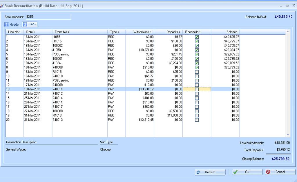 Balances Lines (Tab 2) You can sort by any column by clicking on the column title, however when you tick an amount