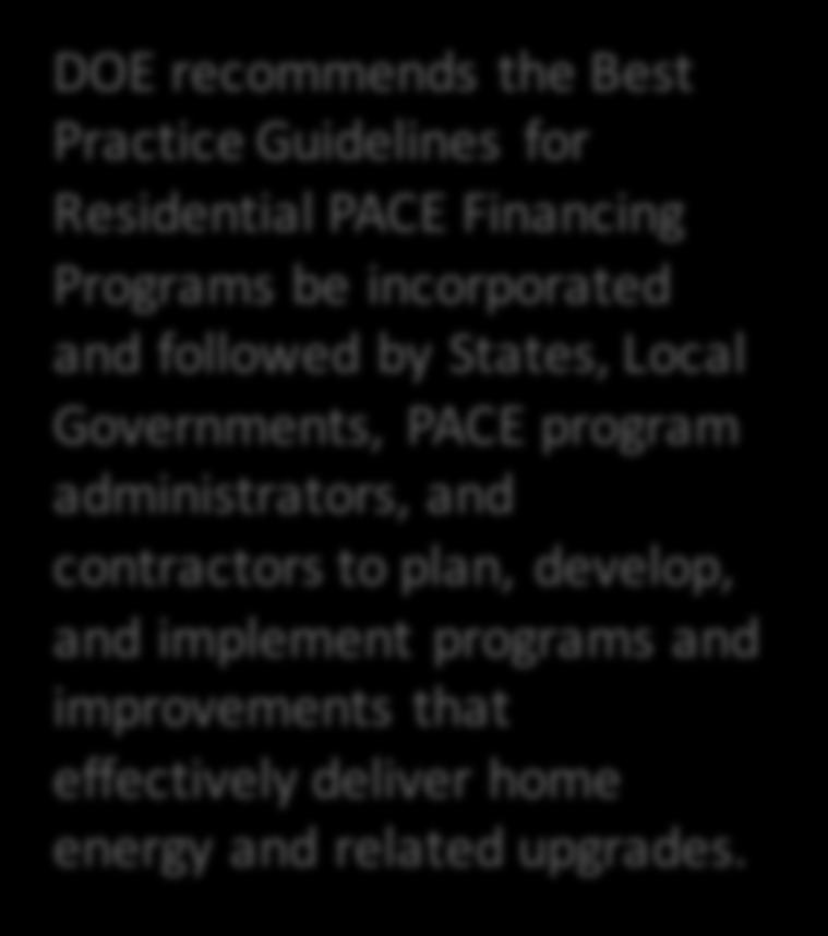 Provides additional guidance on consumer protection, contractor management, and quality assurance DOE recommends the Best Practice Guidelines for Residential PACE Financing Programs be
