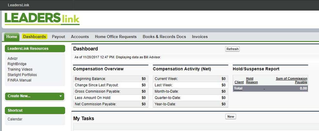 FULL COMPENSATION DASHBOARD INFORMATION For a more comprehensive look at your commissions than you see on your home screen, please click the 'Dashboards' tab on the top of the screen to access the