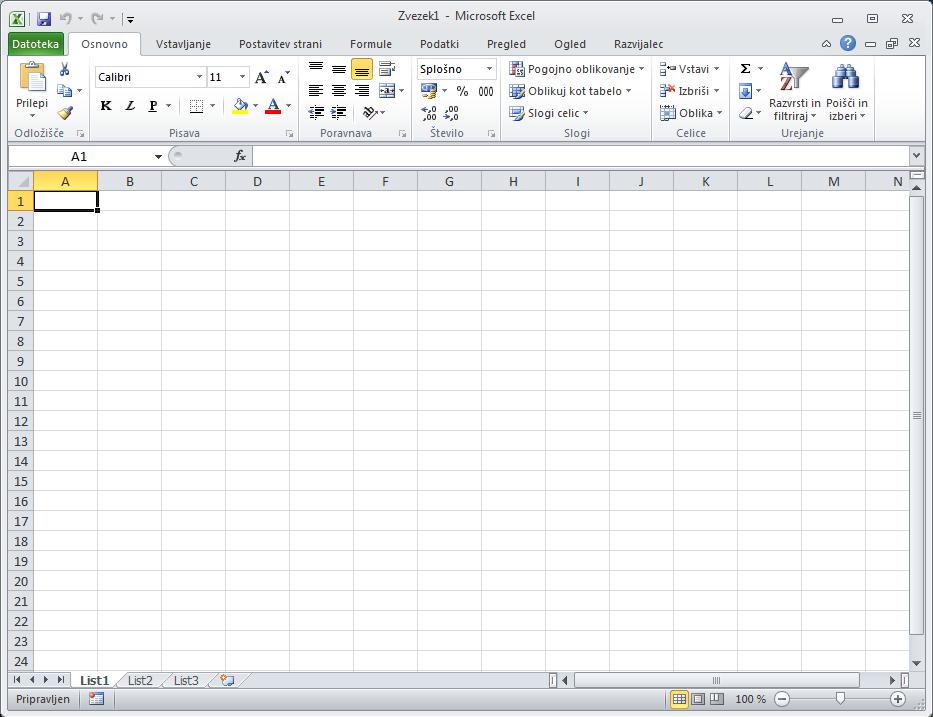 25 Slika 4: Osnovni pogled programskega orodja Microsoft Excel 2010.