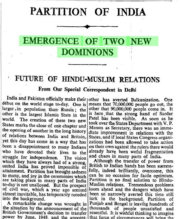 "Rozdelenie Indie." Times [Londýn] 15. augusta 1947: 5.
