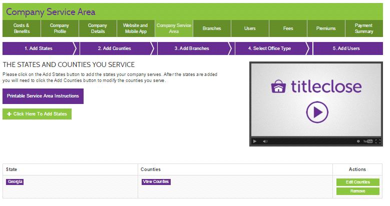 setting service areas Add states and counties you service Step 1: Click the Add States button to add