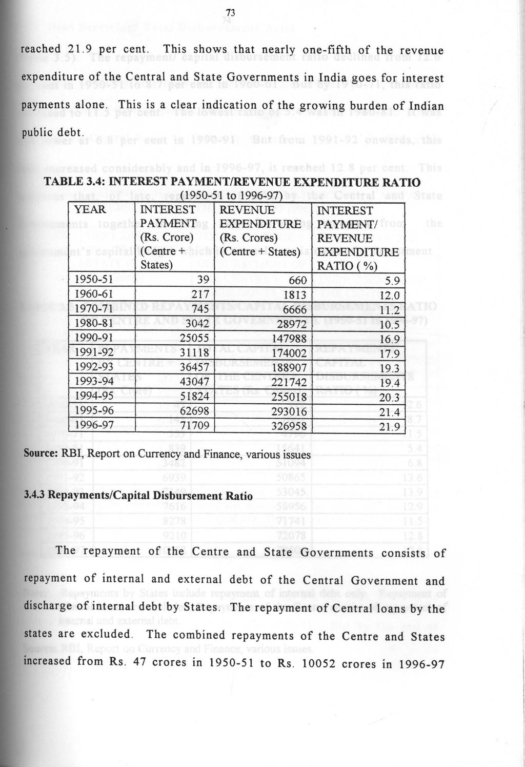 73 reached 21.9 per cent. This shows that nearly one-fifth of the revenue expenditure of the Central and State Governments in India goes for interest 11 payments alone.