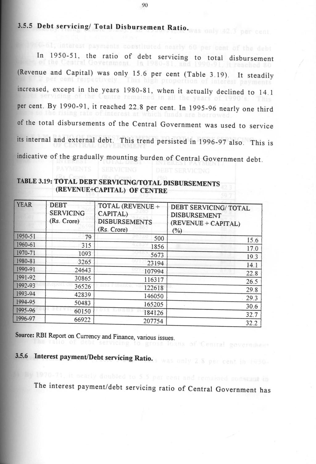 90 3.5.5 Debt servicing / Total Disbursement Ratio. In 1950-51, the ratio of debt servicing to total disbursement (Revenue and Capital) was only 15.6 per cent (Table 3.19).