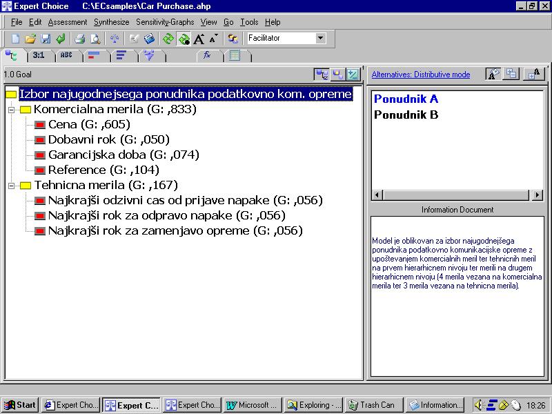 Slika št. 14: Hierarhično drevo s pomočjo programskega paketa Expert Choice 11 Po oblikovanju strukture odločitvenega modela sem s pomočjo programskega paketa določil tudi uteţi posameznim kriterijem.