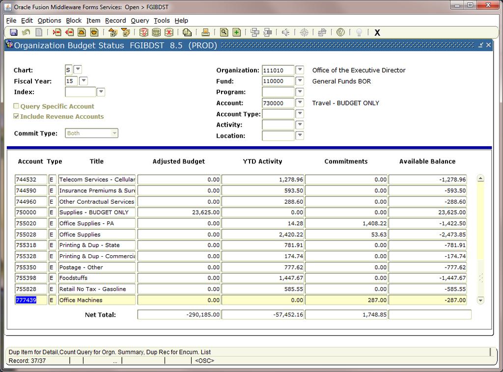 B u d g e t A v a i l a b i l i t y P a g e 6 FGIBDST Organization Budget Status The Organization Budget Status Form is used to view an online query of the budget availability by organization code.