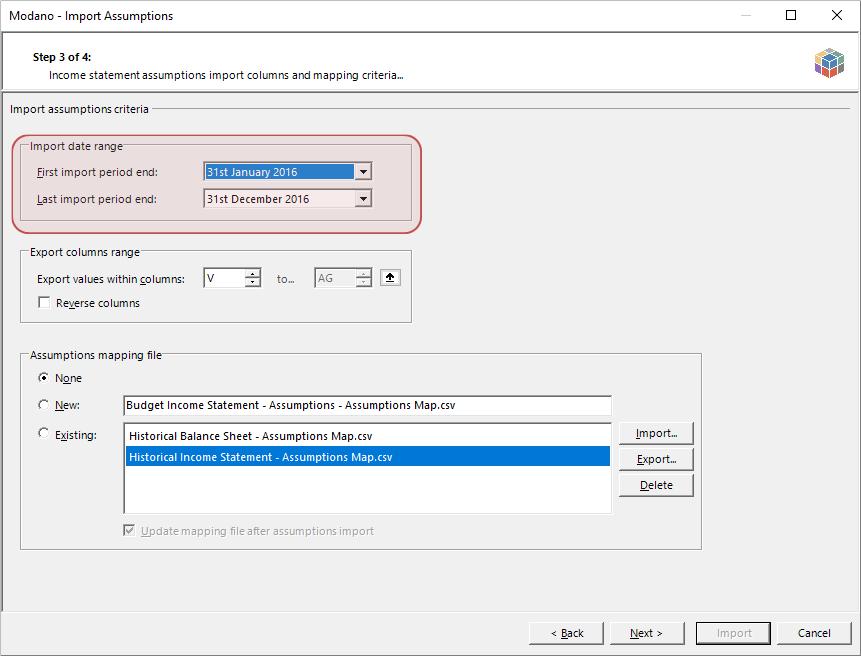 Click the Next button to move to the third step of the Import Assumptions dialog.