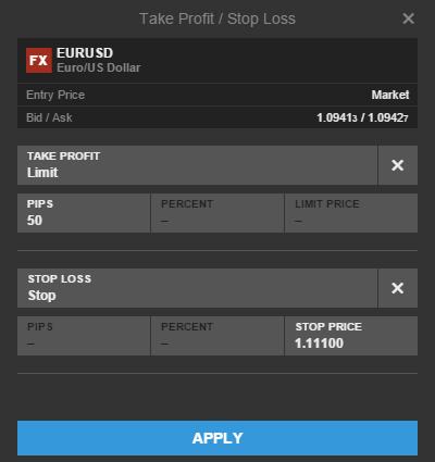 Add Limit order Select Limit to add a related limit take profit order to your trade Select Trade To trade immediately on live (green) prices Add Stop order Select