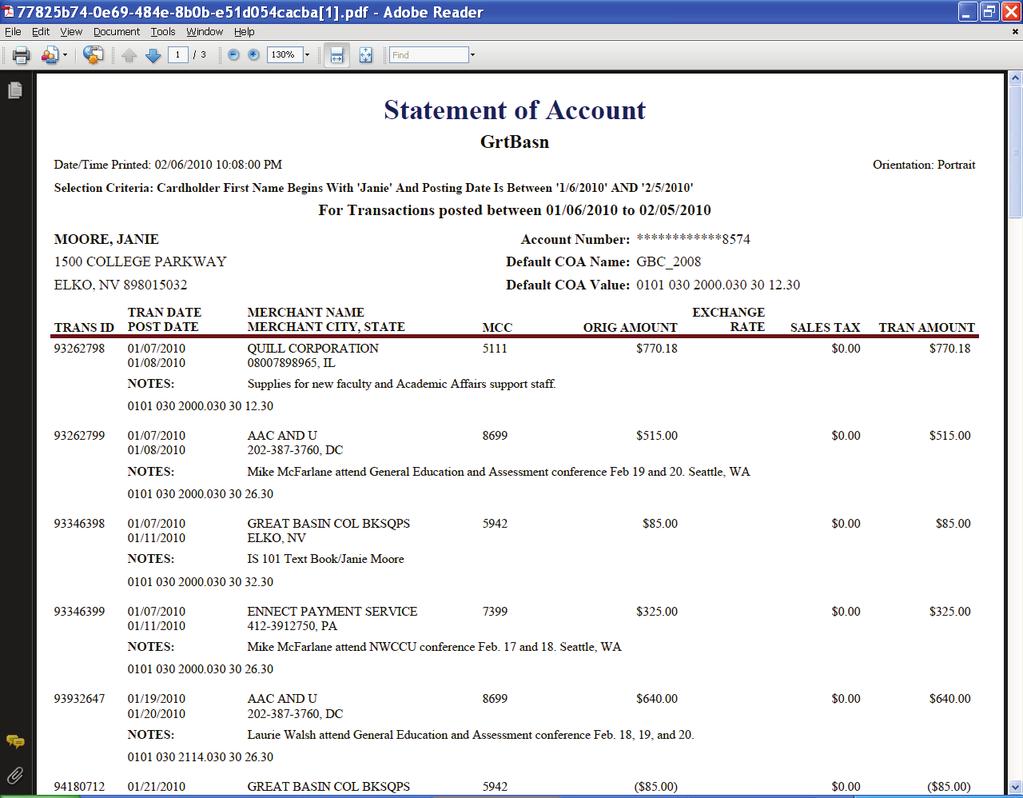 Example of a Statement of Account Report 6.