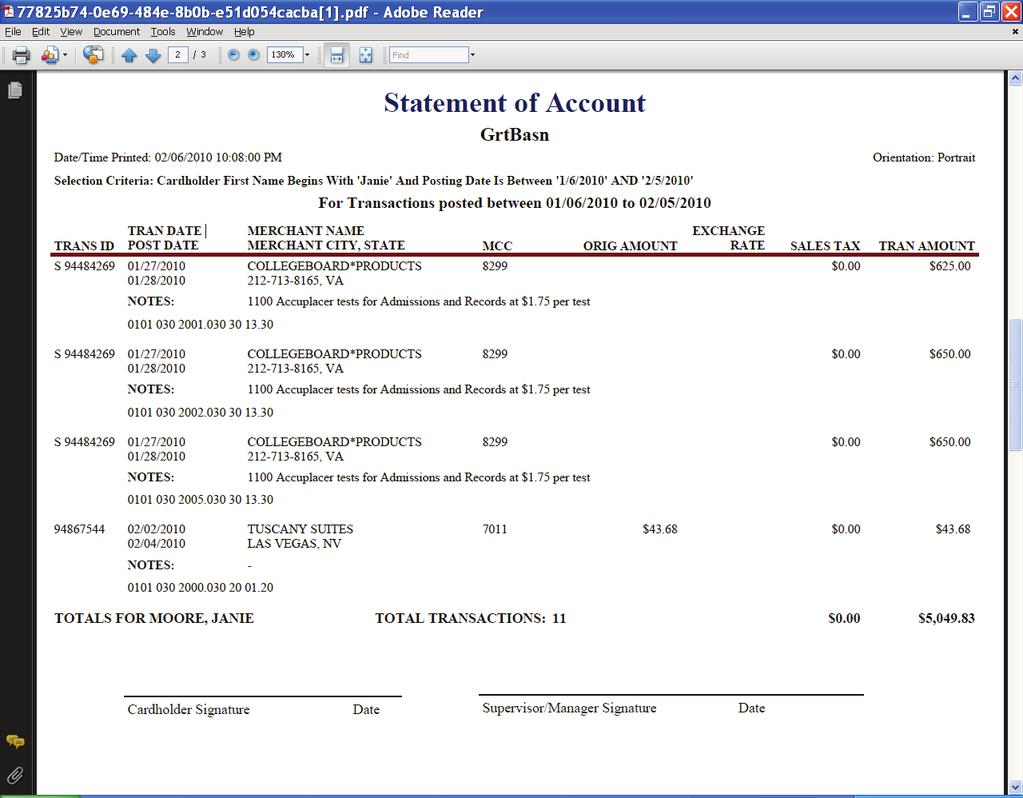 Example of Statement of Account Report (SHOWING SIGNATURE LINES) 7.