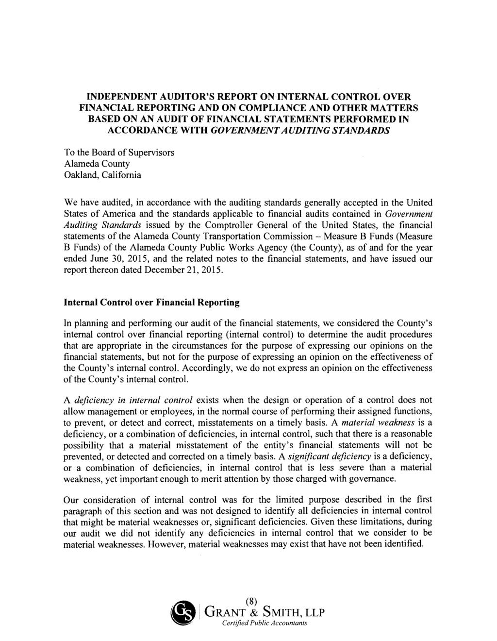 INDEPENDENT AUDITOR'S REPORT ON INTERNAL CONTROL OVER FINANCIAL REPORTING AND ON COMPLIANCE AND OTHER MATTERS BASED ON AN AUDIT OF FINANCIAL STATEMENTS PERFORMED IN ACCORDANCE WITH GOVERNMENT