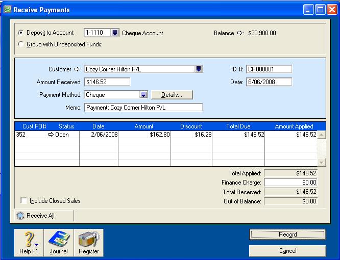 Receiving Payment Insert the given information. Then click Record.