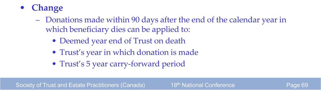 4)(a) results in a deemed year end of the trust on the death of the Life Interest Beneficiary this makes it impossible for the Trustees to make a donation to shelter the tax on the deemed gain in the