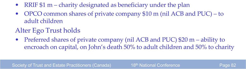 John dies holding: Public company shares $6 m to be donated; Other investments $15 m to go into a spousal trust where wife is entitled to income only, no capital encroachment; capital to go to