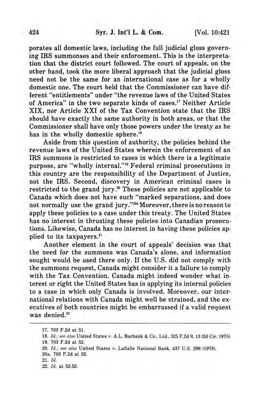 Syracuse Journal of International Law and Commerce, Vol. 10, No. 2 [1983], Art. 9 424 Syr. J. lnt'l L. & Com. [Vol.