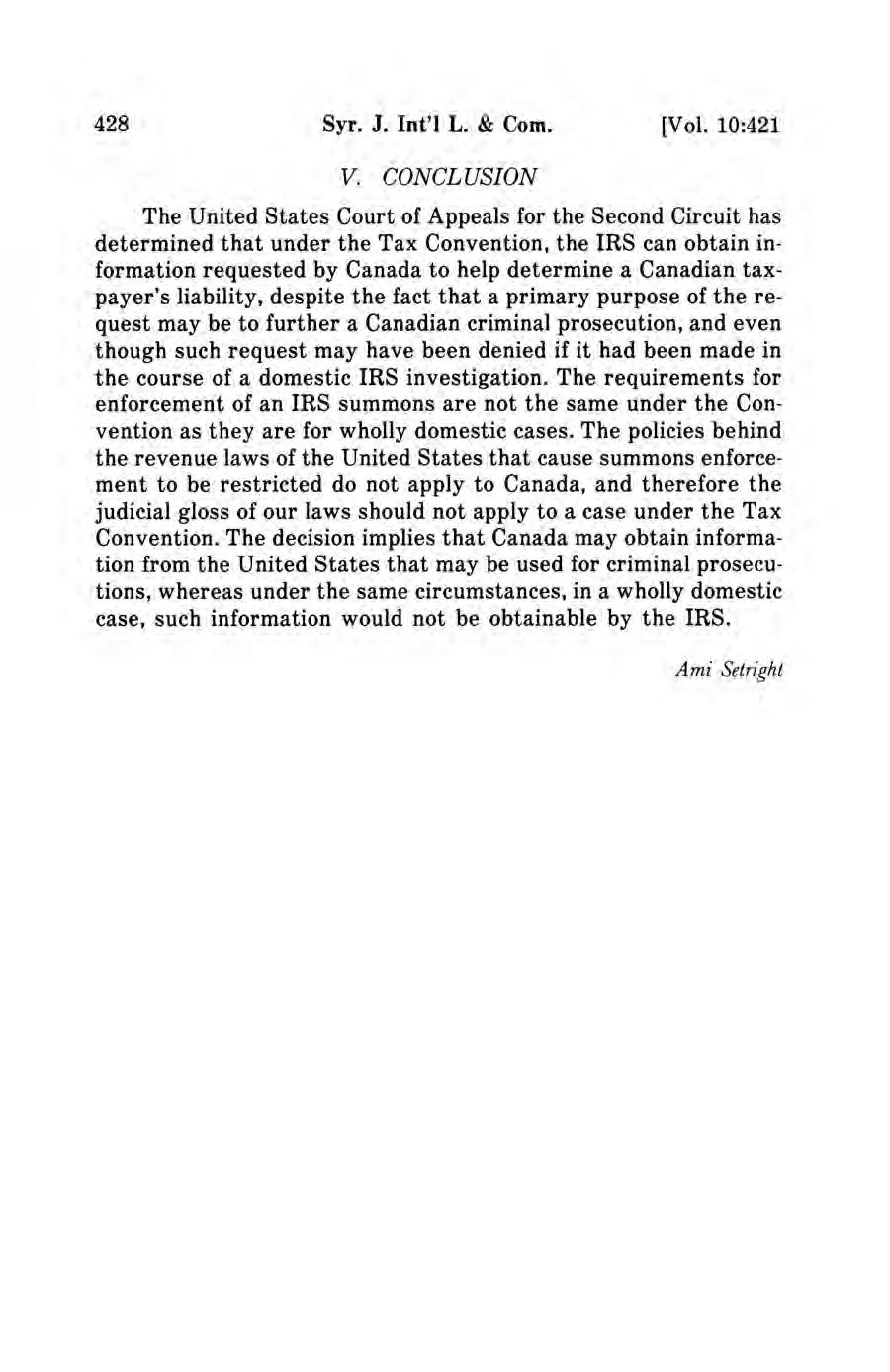 Syracuse Journal of International Law and Commerce, Vol. 10, No. 2 [1983], Art. 9 428 Syr. J. Int'l L. & Com. [Vol. 10:421 V.