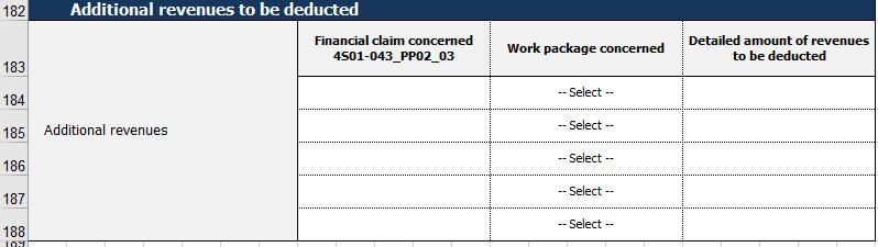 In this case, the FLC needs to: - Indicate the Work Package concerned from a drop-down list - Indicate the exact amount of revenues to be deducted (one line per revenue item) - Indicate the Financial