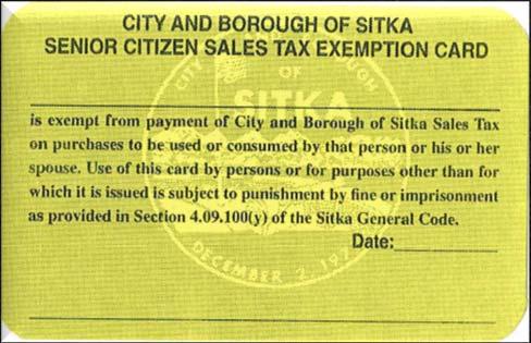 (Link to full exemption description HERE) Example of a CBS issued Senior Tax Exempt Card: Full Legal Name Tax Exempt Number (4 Digit) Signature No.