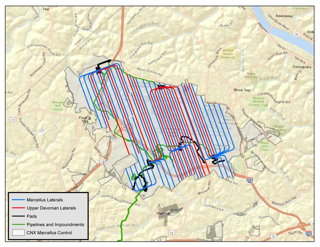 Pittsburgh Airport: ~9,000 Contiguous Acres Marcellus Shale, Upper Devonian, and Dry Utica Shale Potential Economics justified on 6 pads with up to 49