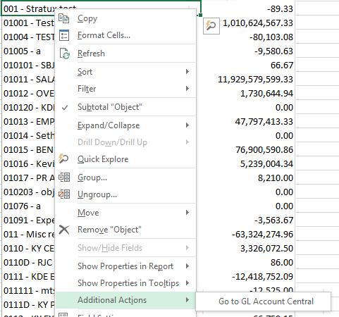 Hyperlinks (Additional Actions option on Pivot table cell) Right click the pivot table cell select Additional Actions and then Go to GL Account Central to go to GL Account Central.
