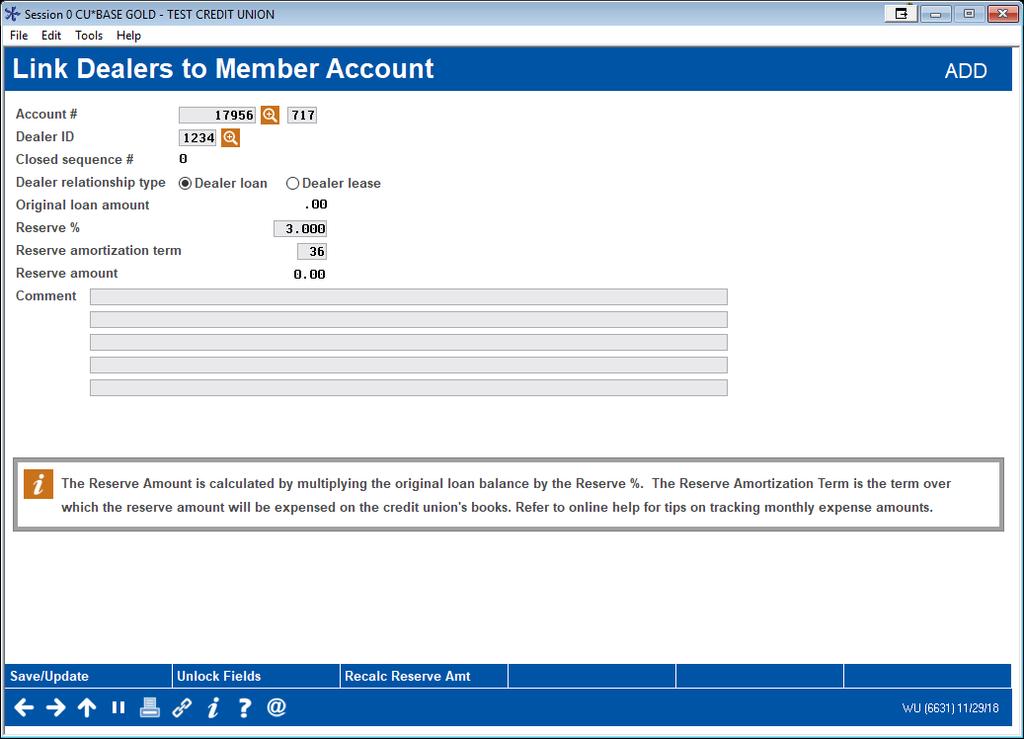 When you first come to the Link Dealer to Member Account screen (shown below), the Reserve % and Reserve Amortization term fields will be blank.