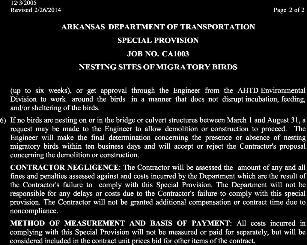 ry3l200s Revised 2/26/2014 Page 2 of2 ARKANISAS DEPARTMENT OF TRANSPORTATION SPECIAL PROVISION JOB NO.