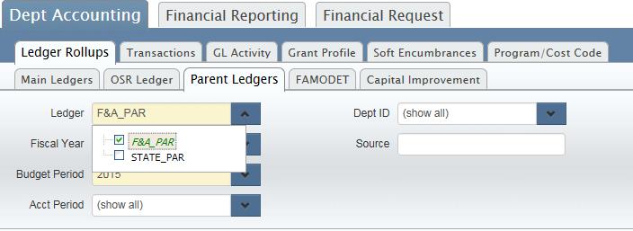 Parent Ledgers tab The Parent Ledgers tab cntains the budget infrmatin fr State and F&A parent ledgers. The parent ledger balances are mst useful t MOU Leads.