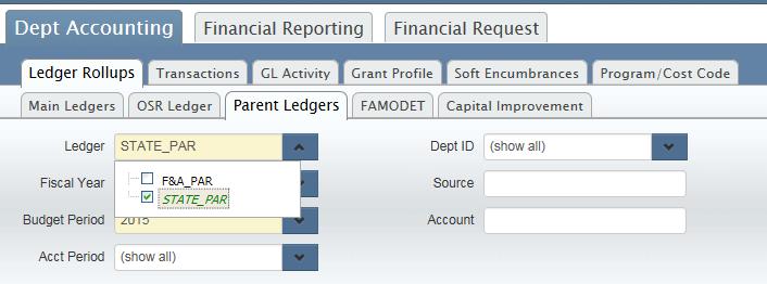 STATE PAR The State Parent ledger budgets by accunt, fund, surce, and department.