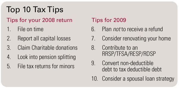 Top 10 Tax Tips By Jamie Golombek With tax season now officially well underway, there are several tax strategies that you can implement now for the 2008 tax return filing and to get a head start for