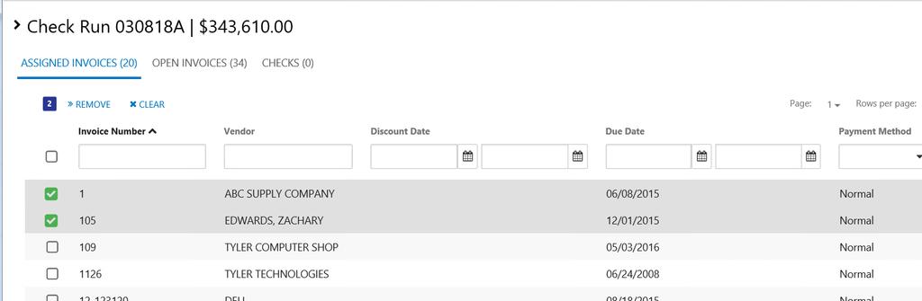 Remove invoices from a check run The Assigned Invoices tab displays all invoices included in the check run in the same column header format and filter capability as the Open Invoice tab.