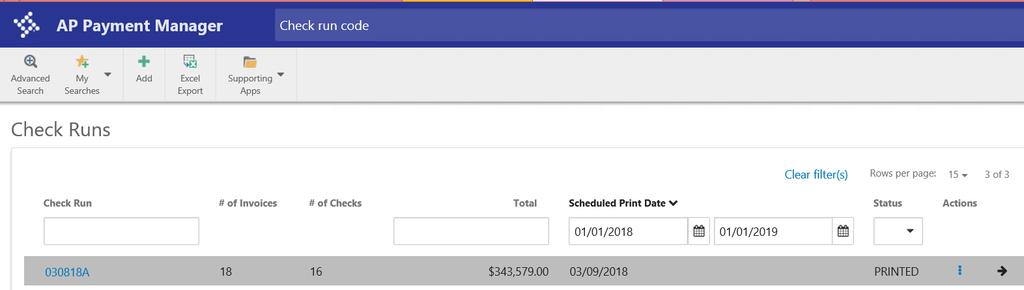 In the detail view, all invoices that are part of printed checks will be removed from the Assigned Invoices tab and the Checks tab will be populated with details of the printed checks as shown in the