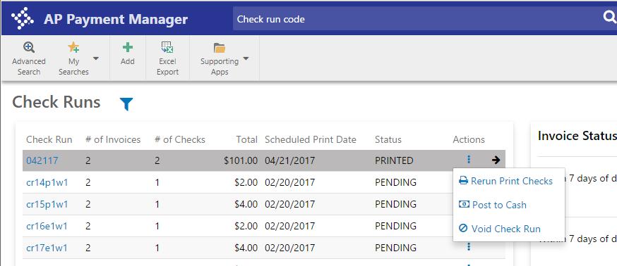 from Approved to Paid and the check run status is updated to Printed. The invoices will also be moved from the Assigned tab to the Check tab on the Check Run.