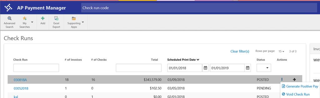 Generate Positive Pay The Generate Positive Pay step is available both from the AP Payment Manager main view and as a button in the ribbon on the check run detail as