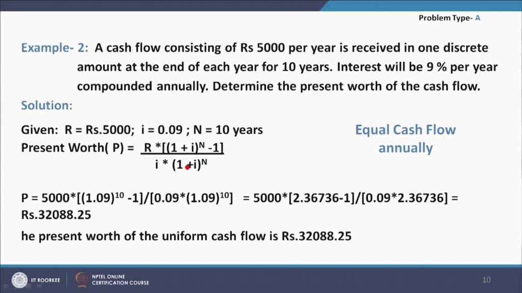 Calculate present worth and future worth of cash flow, with compounding other than annual, when nominal interest rate and cash flow at the end of the period is given we will call this type of problem