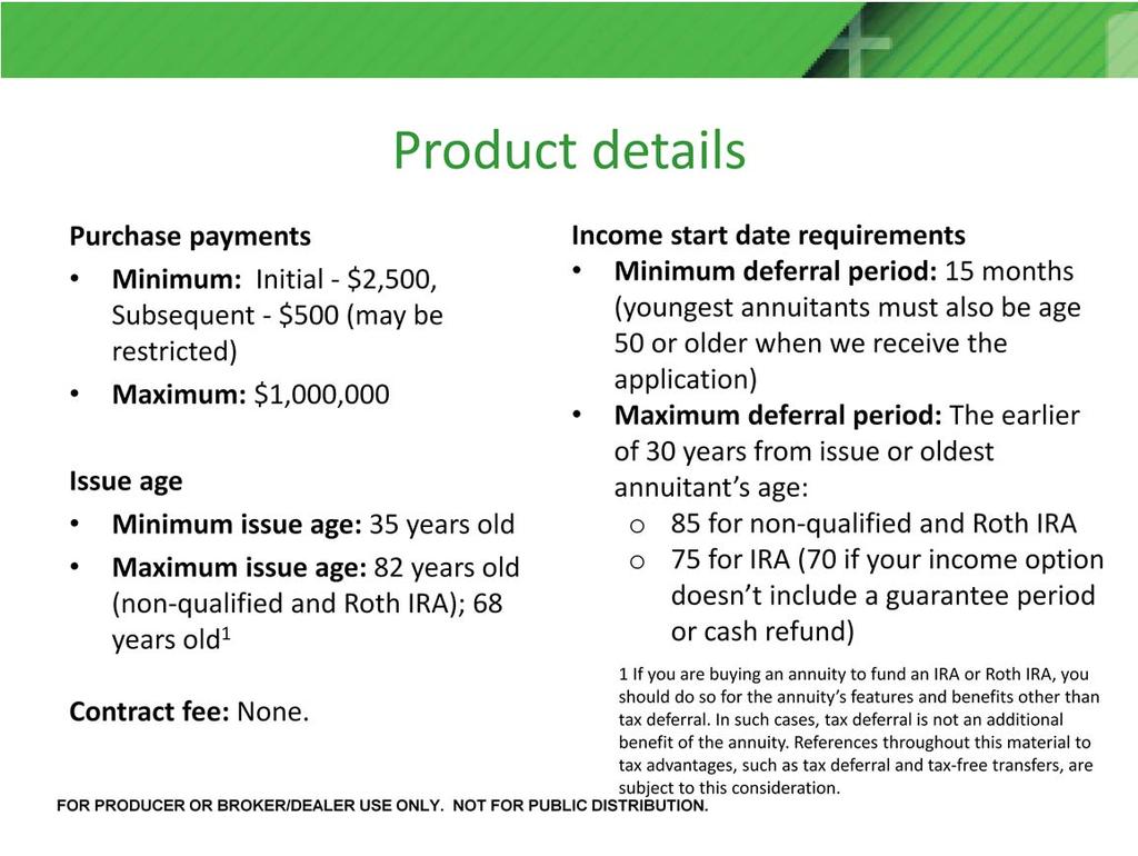 Here are the product details for the Guaranteed Income Builder.