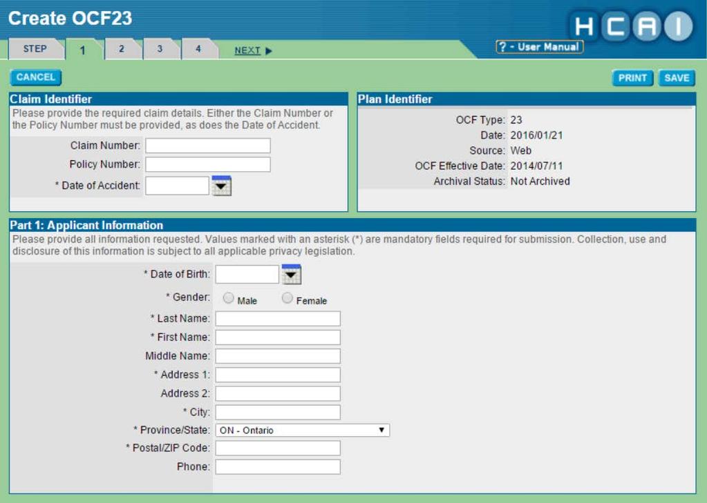 Select the gender of the Applicant/Patient using the radio buttons. Enter the Last Name, then the First Name of the Applicant/Patient. Input the Applicant/Patient s address.