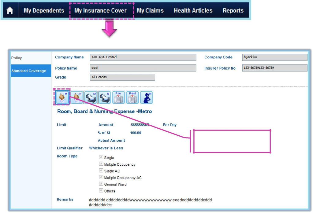 My Insurance Cover Employee can view policy coverage details of the current Policy by clicking on My Insurance