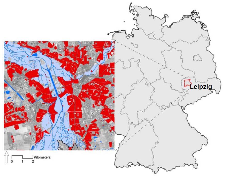 Starting-Point View Leipzig was chosen as an urban test site due to its dense and ramified Economy river network Society Environment Land Value Children Biotopes and forests sensitive to inundation