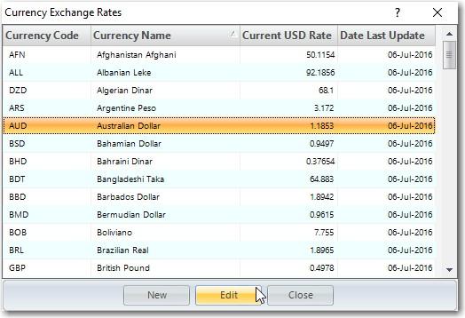 Currencies and Exchange Rates 9.1 Editing Currencies To edit a Currency, follow these steps: 1. Click [Tools] è [Exchange Rate] 2. Select the Currency to edit, and click [Edit]. 3.