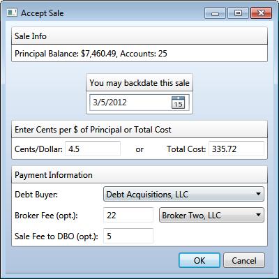 The dialog shows that you are selling 25 Accounts with a total Principal balance of $7,460.49.
