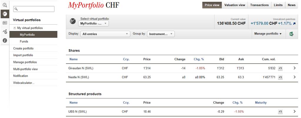 Create and manage virtual portfolios You can use virtual portfolios to tailor UBS Quotes to your personal requirements.