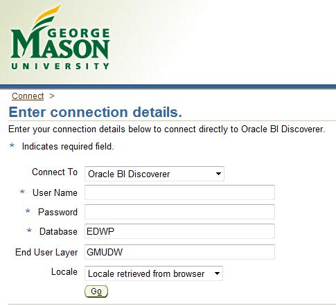To accessing the PI Report by Month Range, enter the following URL: http://discoverer.gmu.edu/pireports/.