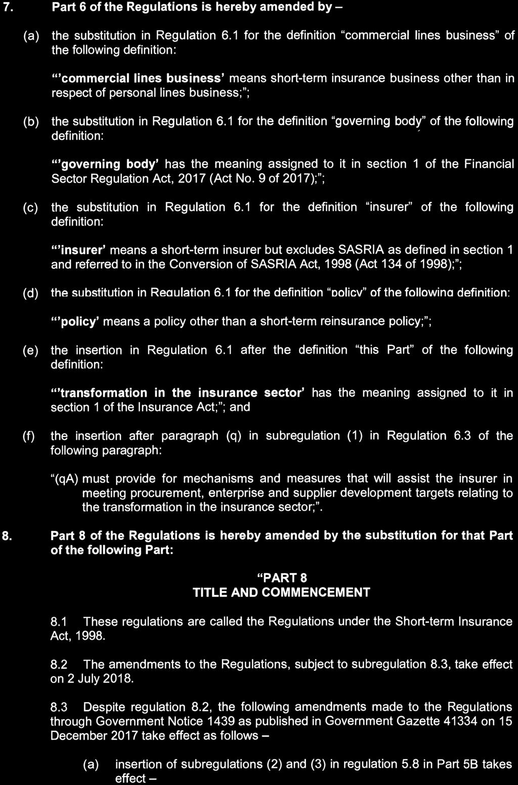 10 No. 41523 GOVERNMENT GAZETTE, 23 MARCH 2018 7. Part 6 of the Regulations is hereby amended by - the substitution in Regulation 6.