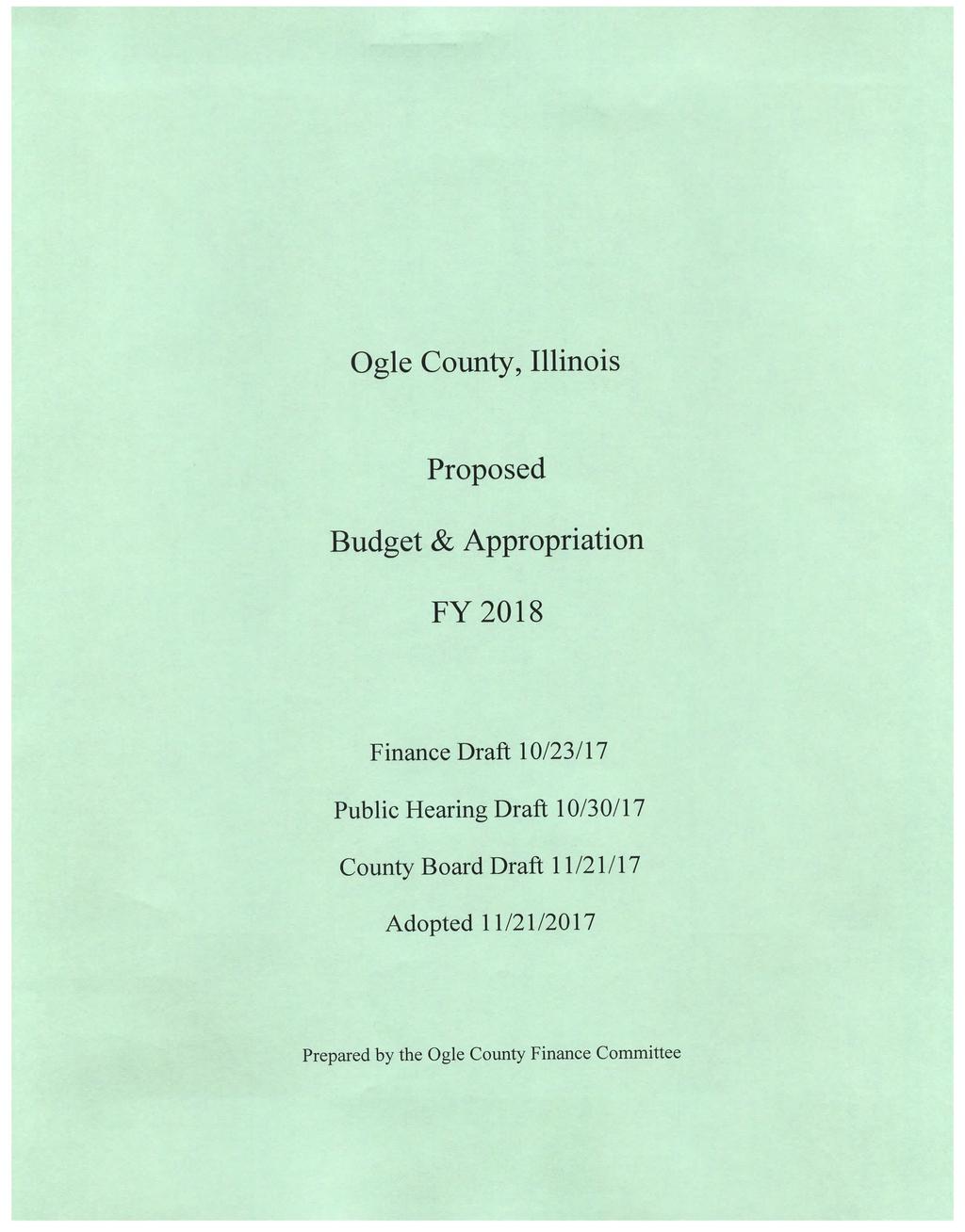 , Illinois Proposed Budget & Appropriation FY 2018 Finance Draft 10/23/17 Public Hearing