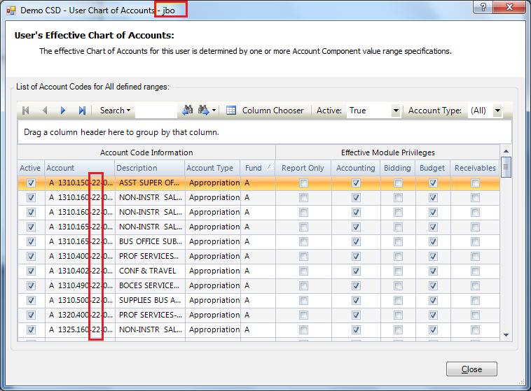 Revenue. This screen shows the user s effective chart of accounts - appropriation codes with 22 as the location.