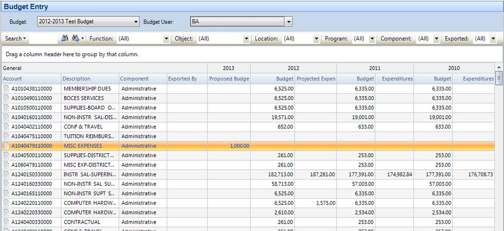 Simply type the desired dollar amount in the Proposed Budget field. To change the component, click the drop-down to choose Administrative, Capital, or Program. Save the record when completed.