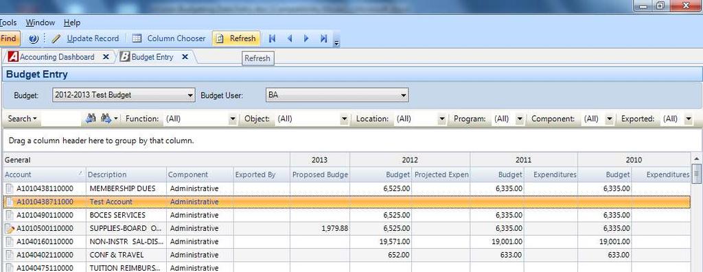 Refresh Accounts and/or Accounting Data After a budget has been created, it may become necessary to refresh account codes and/or accounting data on the Budget Entry window.