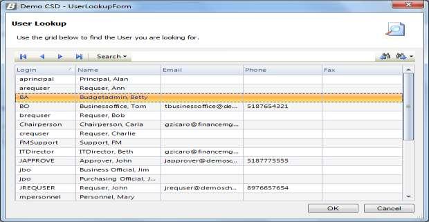 Add Budget User Under the Budget User Details section of the window, click the lookup button to choose from a list of nvision system users who will be working with this budget.