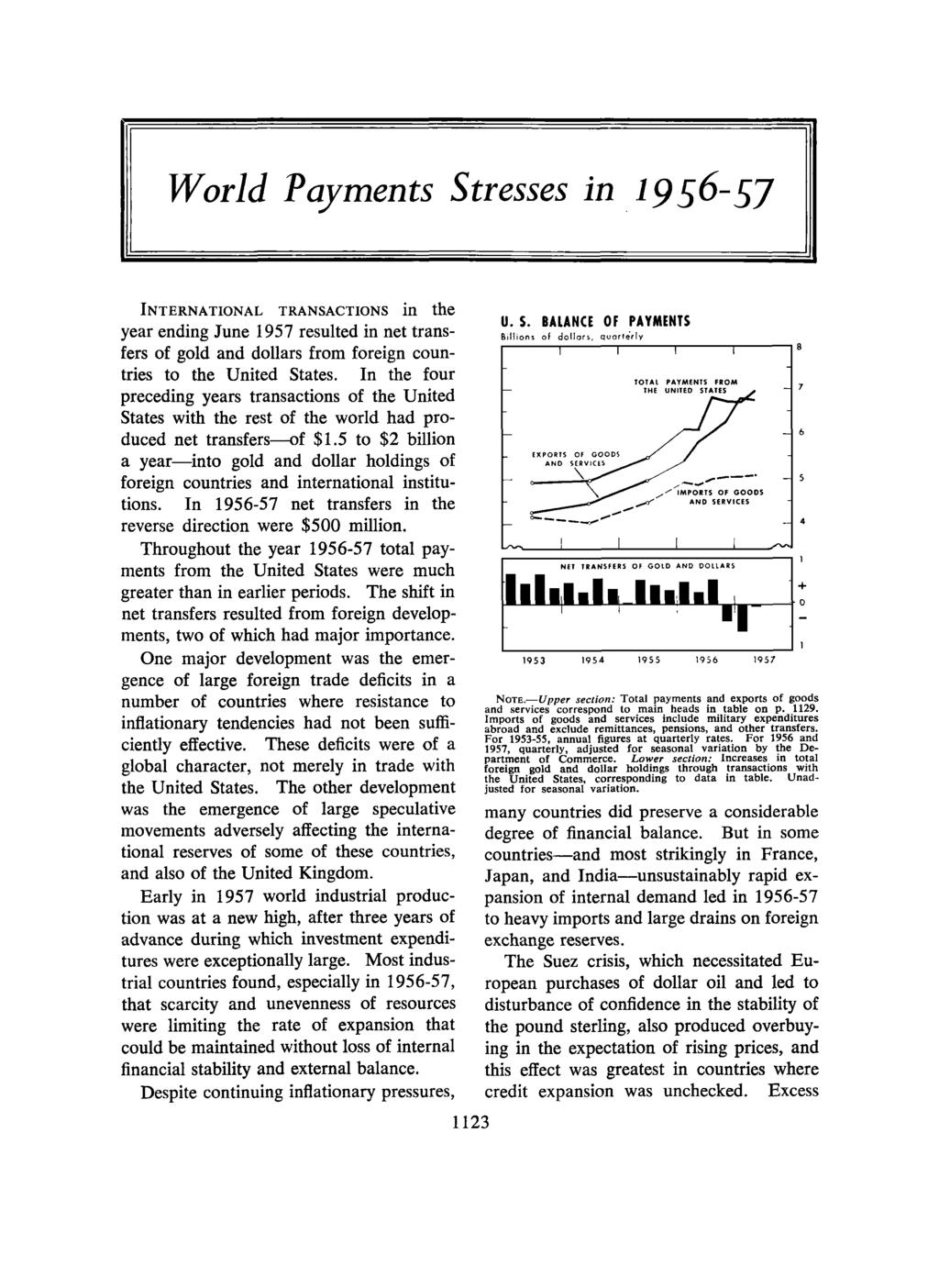 World Payments Stresses in 1956-57 INTERNATIONAL TRANSACTIONS in the year ending June 1957 resulted in net transfers of gold and dollars from foreign countries to the United States.